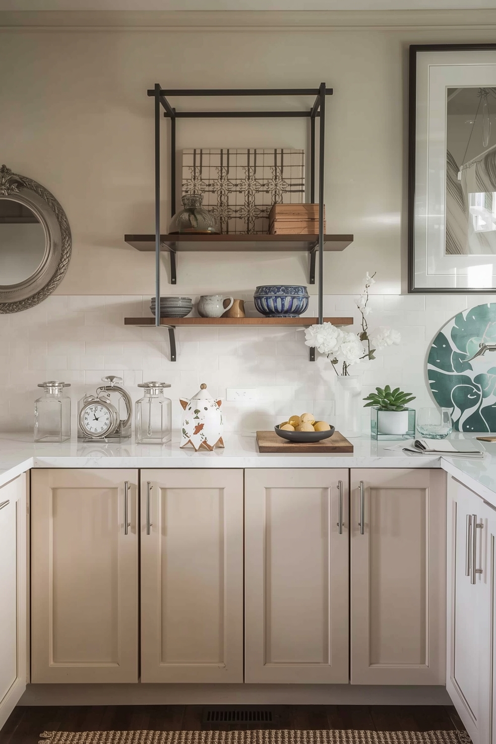 Combining Beige Cabinets with Metal Accents