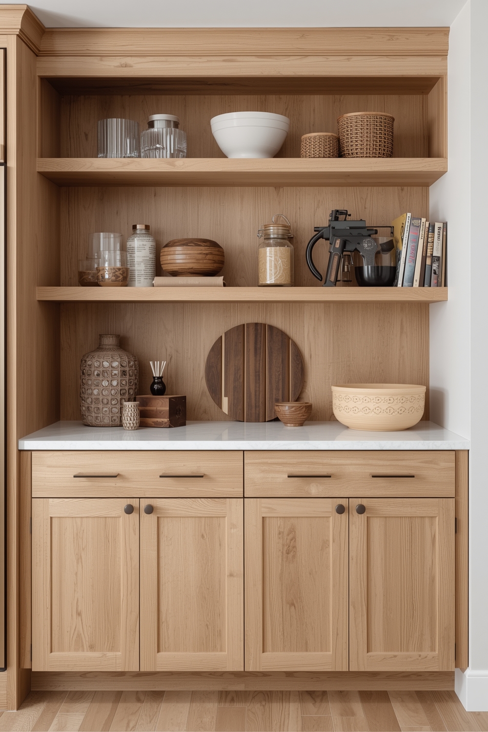 How to Style White Oak Cabinets with Open Shelves