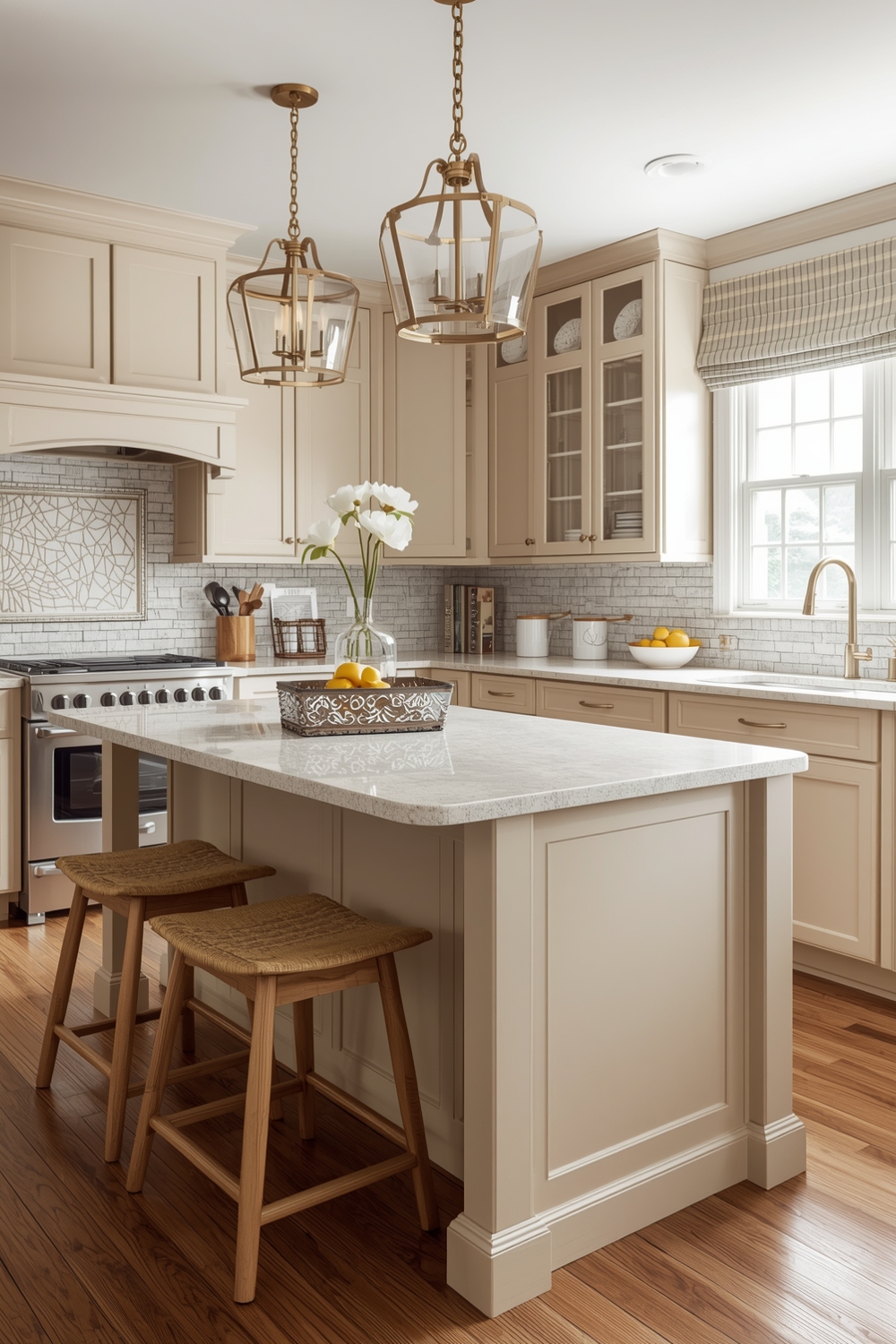 Kitchen Island Styling for Beige Cabinets