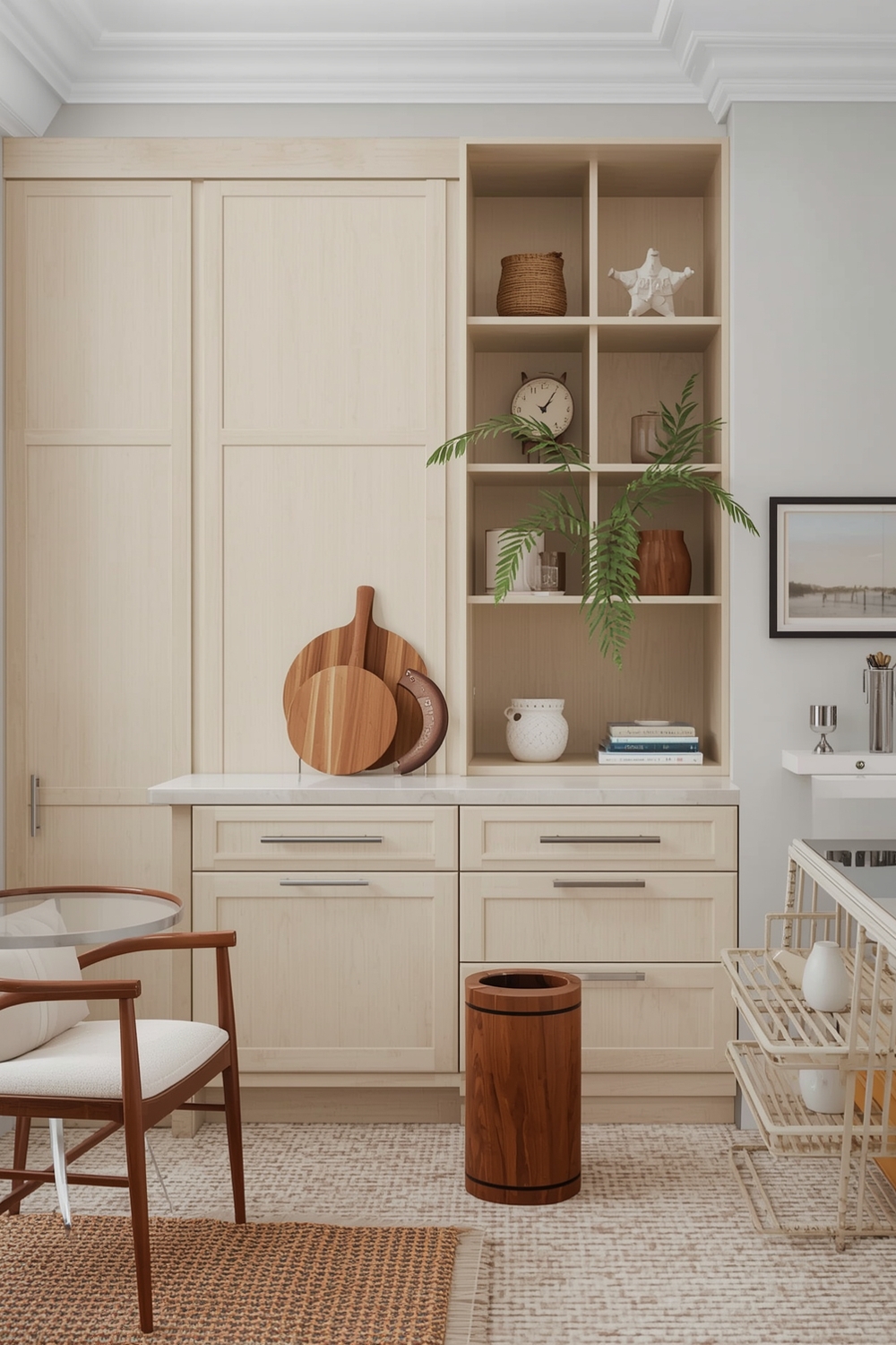Layering Neutrals Around Beige Cabinets