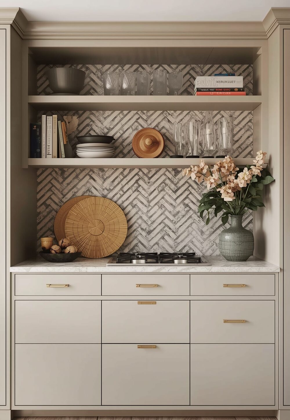 Layering Patterns & Textures Around Beige Cabinets