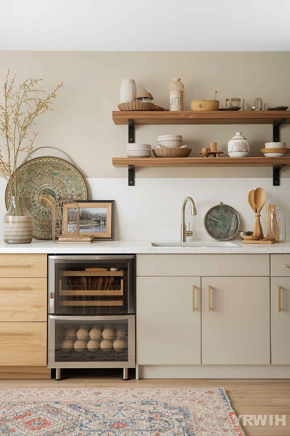 Mixing Beige Cabinets with Wood & Metal Accents