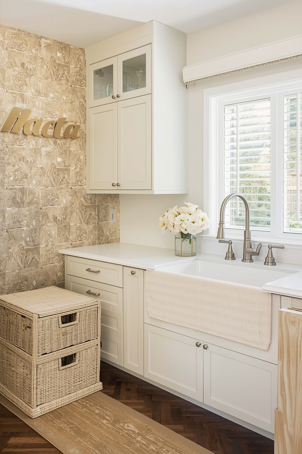 Pairing Beige Cabinets with Wood Accents
