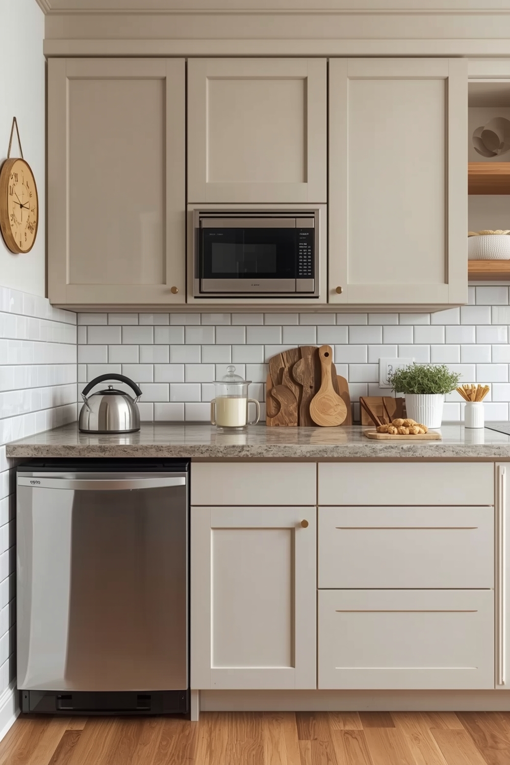 Small Kitchen Layout Hacks with Beige Cabinets