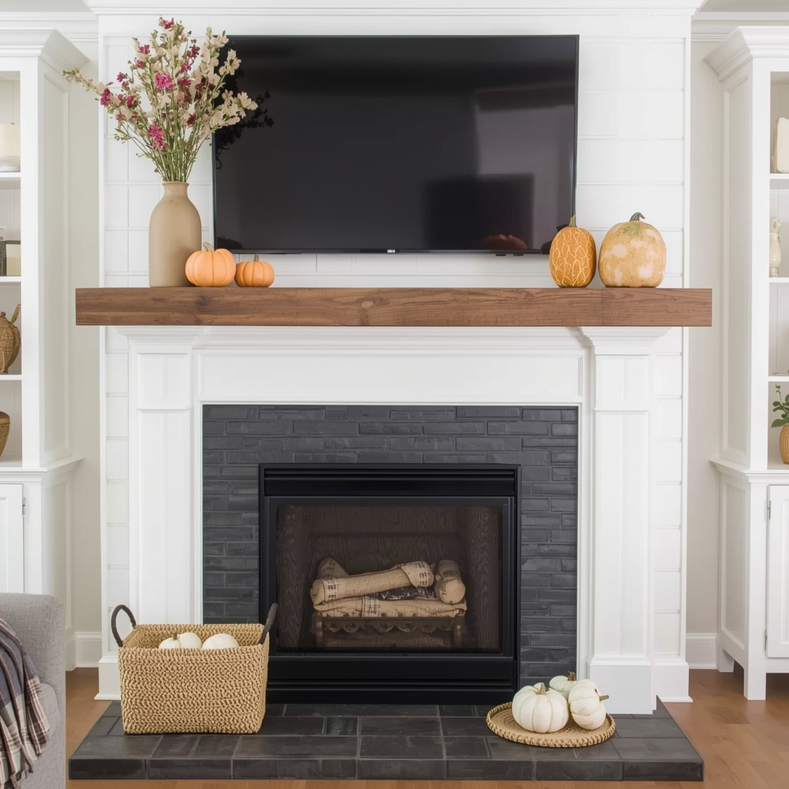 fall mantel decor fireplace styling