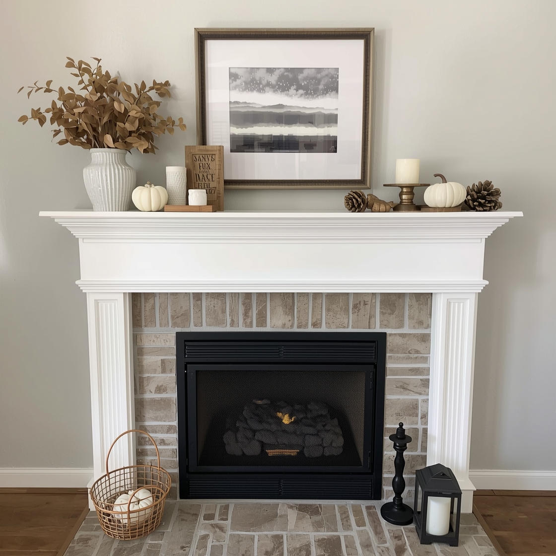 fall mantel decor fireplace styling