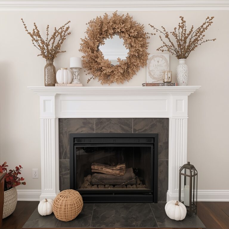 fall mantel decor fireplace styling
