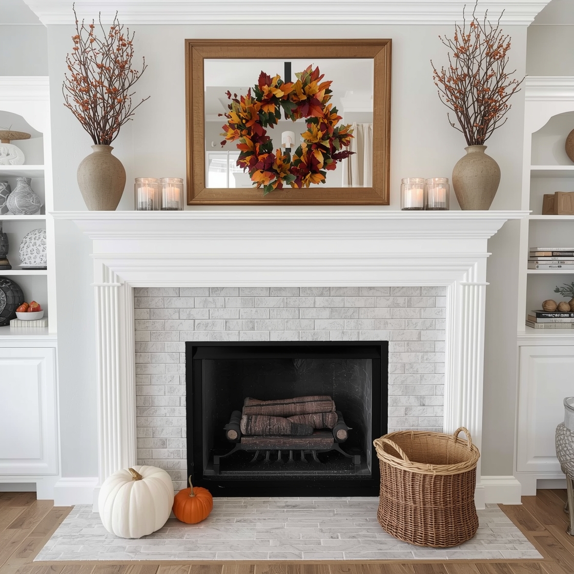 fall mantel decor fireplace styling